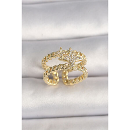 Pirinç Gold Renk 2'Li Zincir Zirkon Taşlı Yıldız Figür Kadın Yüzük