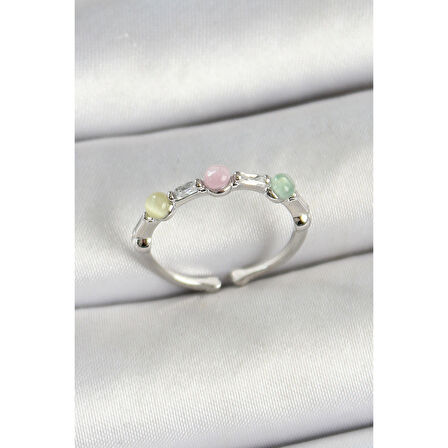 Pirinç Sıralı Boncuk Figürlü Zirkon Taşlı Gümüş Renk Ayarlanabilir Kadın Yüzük