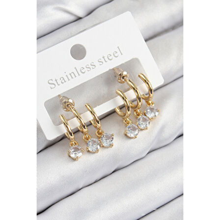 Pirinç Sallantılı Zirkon Taşlı Model Gold Renk Kadın Küpe