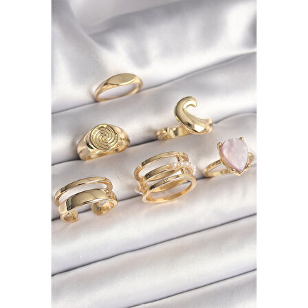 Pirinç Gold Renk Pembe Damla Mineli Sarmal İşleme Detaylı 6'Lı Kadın Yüzük Seti