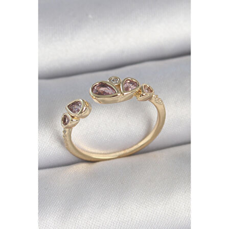 Pirinç Gold Renk Pembe Damla Zirkon Taşlı Ayarlanabilir Kadın Yüzük