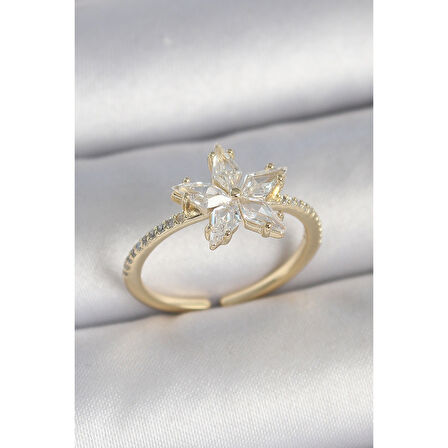 Pirinç Gold Renk Zirkon Taşlı Yıldız Model Ayarlanabilir Kadın Yüzük