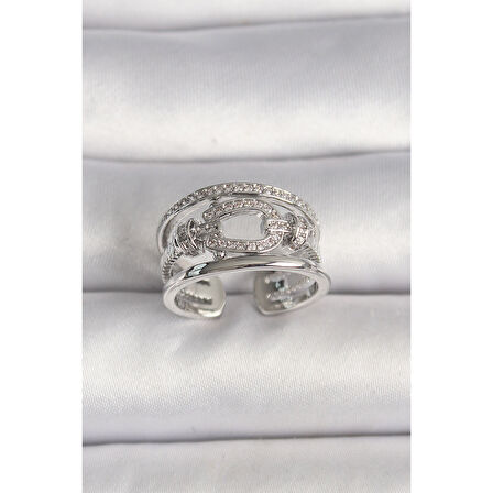 Pirinç Gümüş Renk Ayarlanabilir Zirkon Taşlı Gemici Düğüm Model Kadın Yüzük