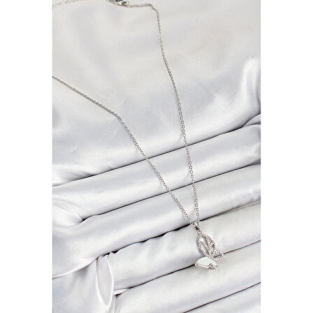 316L Çelik Zirkon Taşlı Kelebek Model Gümüş Renk Kadın Kolye