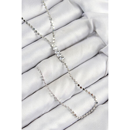 Pirinç Zirkon Taşlı Ezme Zincirli Model Gümüş Renk Y Kolye