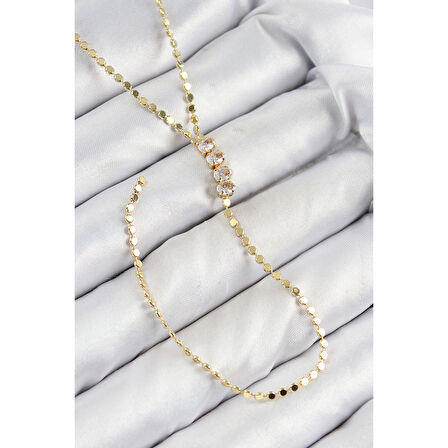 Pirinç Zirkon Taşlı Ezme Zincirli Model Gold Renk Y Kolye