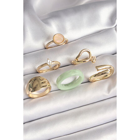 Pirinç Gold Renk Zirkon Taşlı Daire Pembe Mineli Detay 6'Lı Kadın Yüzük Seti