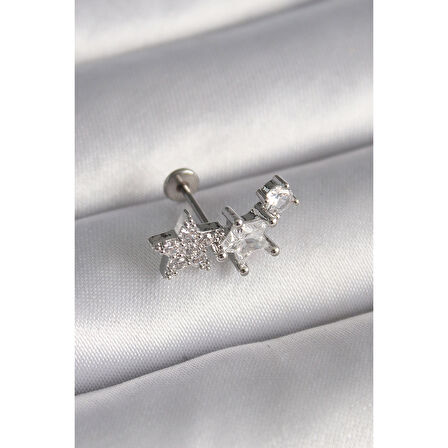 316L Çelik Gümüş Renk Zirkon Taşlı Yıldız Model Tragus Piercing