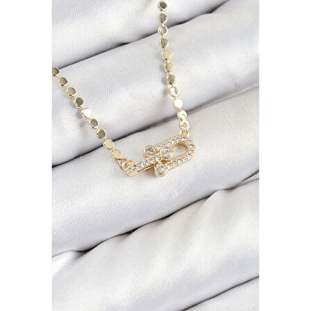 Pirinç Zirkon Taşlı Tifany Model Ezme Zincir Gold Renk Kadın Kolye