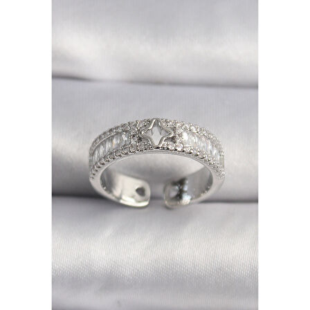 Pirinç Gümüş Renk Zirkon Taşlı Yıldız İşleme VIP Seri Kadın Yüzük