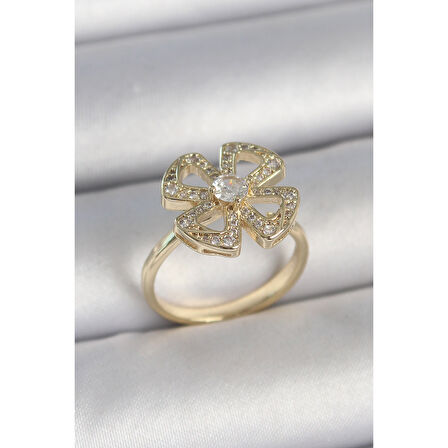 Pirinç Gold Renk Zirkon Taşlı Yonca Model Ayarlanabilir Kadın Yüzük