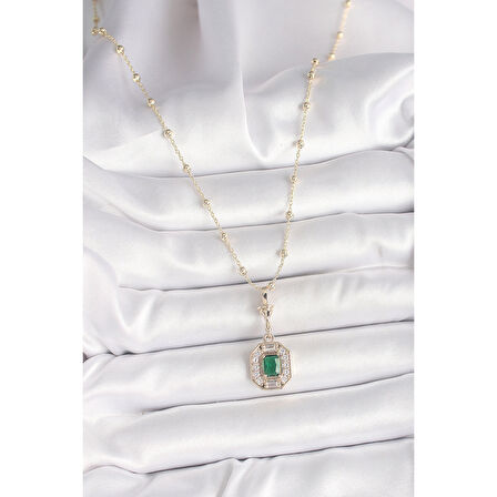 Pirinç Gold Renk Zirkon Taşlı Topçuk Zincir Serenay Model Kadın Kolye