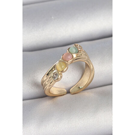 Pirinç Gold Renk Zirkon Taş Detaylı Karışık Mineli Ayarlanabilir Kadın Yüzük