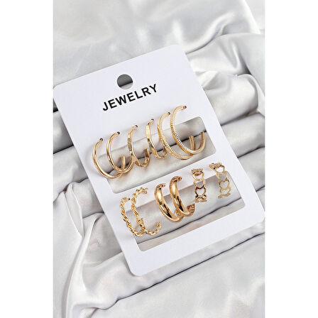 Pirinç Karışık Halka Model Gold Renk 6 Çift Kadın Küpe Set