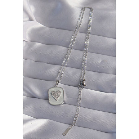 316L Çelik Zincir Mermer Desenli Gümüş Renk Zirkon Taşlı Kalp Model Kolye