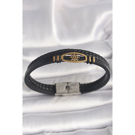 316L Çelik Gold Renk Gemi Dümen Figür Siyah Renk Çift Sıra Burgu Desenli Deri Kordon Erkek Bileklik