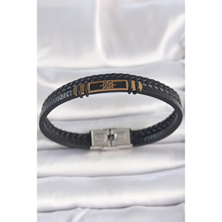 316L Çelik Gold Renk Gemi Dümeni Aksesuarlı Çift Sıra Burgu Desenli Deri Kordon Erkek Bileklik