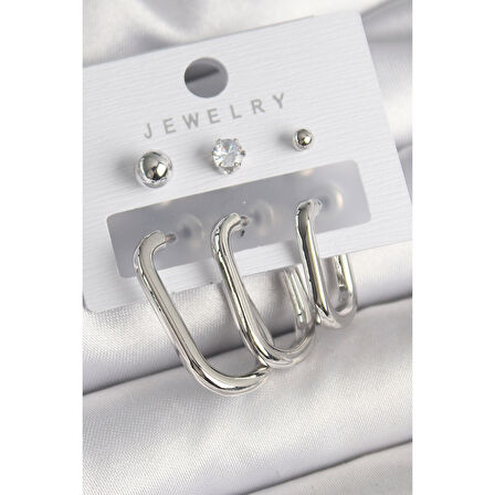 Pirinç Gümüş Renk Halka Model Zirkon Taşlı Topçuk Detay Kadın Küpe Seti