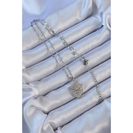 316L Çelik Zincir Gümüş Renk Zirkon Taşlı Kutup Yıldızı Kolye