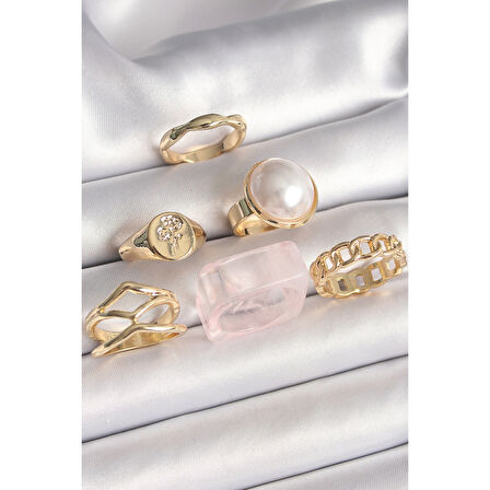 Pirinç Gold Renk Beyaz İncili Zincir Yüzük Figür İşleme Detay 6'Lı Kadın Yüzük Seti