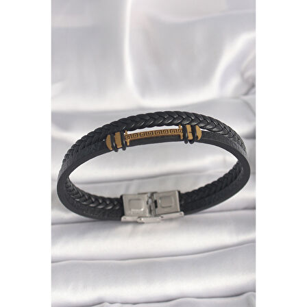 316L Çelik Gold Renk ZikZak İşlemeli Aksesuarlı Çift Sıra Burgu Desenli Deri Kordon Erkek Bileklik