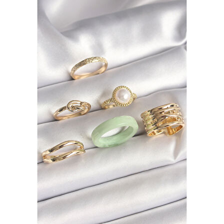 Pirinç Gold Renk Düğüm Model İncili İşlemeli Plaka Model 6'Lı Kadın Yüzük Seti