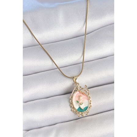 316L Çelik Gold Renk Zincir Mix Renk Çiçek İşlemeli Zirkon Taş Detaylı Portre Model Kadın Kolye