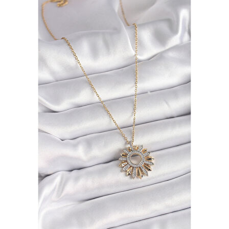316L Çelik Gold Renk Zincir Zirkon Taşlı Mix Renk Güneş Model Kadın Kolye