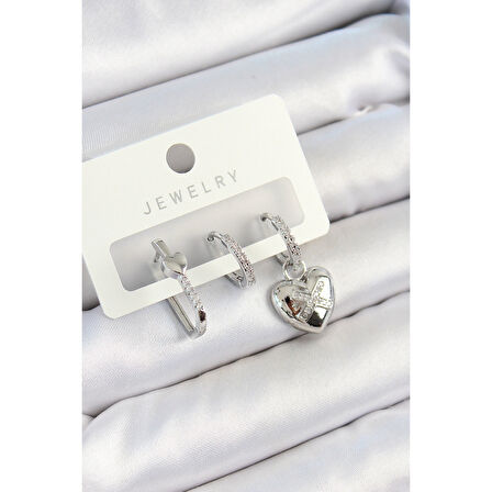 Pirinç Zirkon Taşlı Kalp Model Gümüş Renk 3'lü Çift Kadın Küpe Set