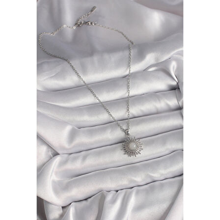 316L Çelik Gümüş Renk Zincir Beyaz Mineli Güneş Model Kadın Kolye