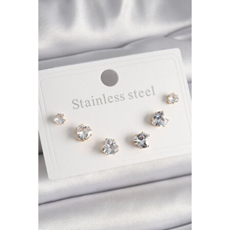 316L Çelik Gold Renk Zirkon Taşlı Kalp Model Kadın Küpe Seti