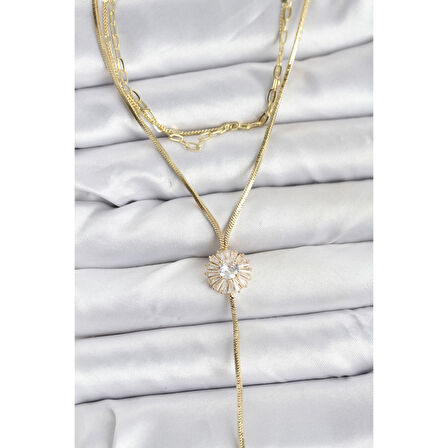 Pirinç Gold Renk Zirkon Taşlı Papatya Model Detaylı 3'lü Kombin Y Kadın Kolye