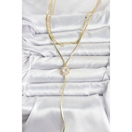 Pirinç Gold Renk Zirkon Taşlı Papatya Model Detaylı 3'lü Kombin Y Kadın Kolye