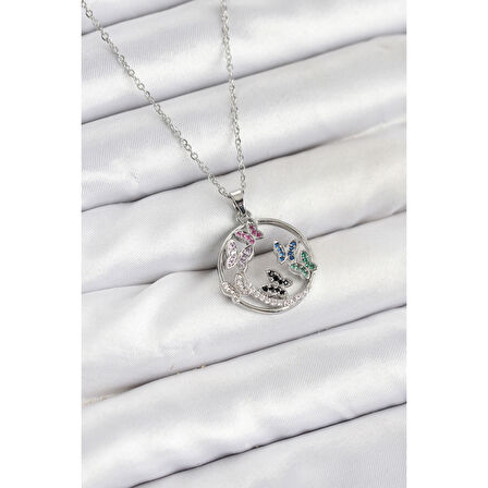 316L Çelik Zincir Gümüş Renk Zirkon Taşlı Kelebekli Kadın Kolye