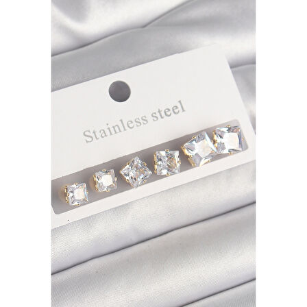 316L Çelik Gold Renk Kare Zirkon Taş Model Kadın Küpe Seti