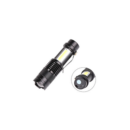 Şarjlı LED El Feneri - 14500 Pil Dahil, 4 Işık Modu, Mini Boy