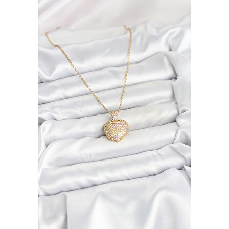 316L Çelik Zincir Gold Renk Zirkon Taşlı Kalpli Kadın Kolye