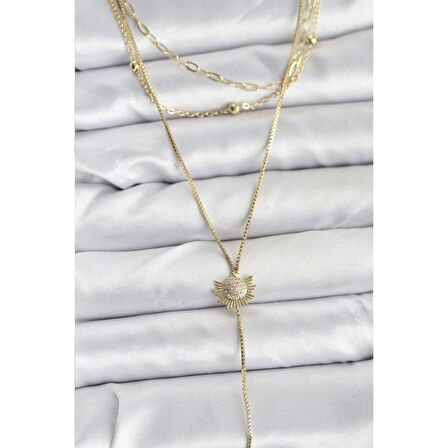 Pirinç Gold Renk Zirkon Taşlı Güneş Model Detaylı 3'lü Kombin Y Kadın Kolye