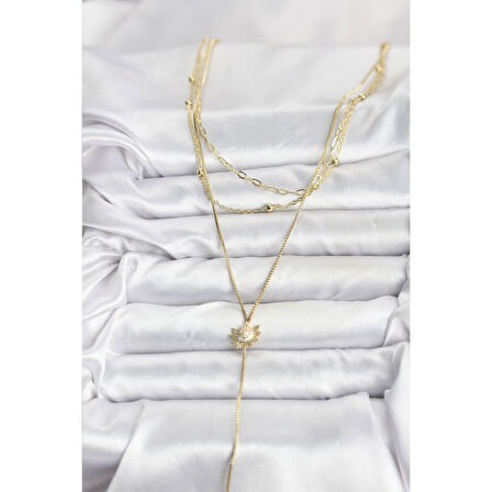 Pirinç Gold Renk Zirkon Taşlı Güneş Model Detaylı 3'lü Kombin Y Kadın Kolye