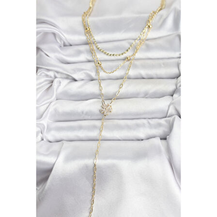 Pirinç Gold Renk Zirkon Taşlı Çiçek Model Detaylı 3'lü Kombin Y Kadın Kolye