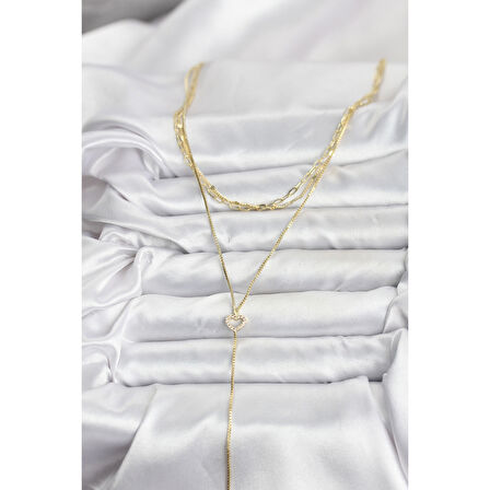 Pirinç Gold Renk Kalp Detaylı 3'lü Kombin Y Kadın Kolye