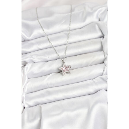 316L Çelik Zincir Gümüş Renk Pembe Taşlı Yıldız Model Kadın Kolye