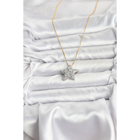 316L Çelik Zincir Gold Renk Zincirli Gümüş Yıldız Model Kadın Kolye