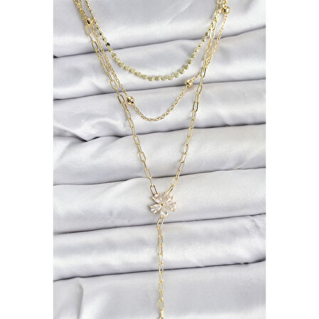 Pirinç Gold Renk Zirkon Taşlı Çiçek Model Detaylı 3'lü Kombin Y Kadın Kolye