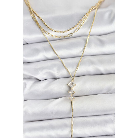 Pirinç Gold Renk Zirkon Taş Detaylı 3'lü Kombin Y Kadın Kolye