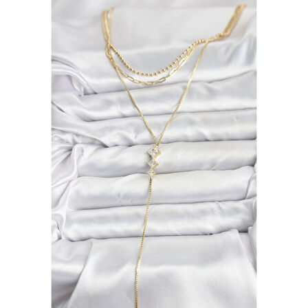 Pirinç Gold Renk Zirkon Taş Detaylı 3'lü Kombin Y Kadın Kolye