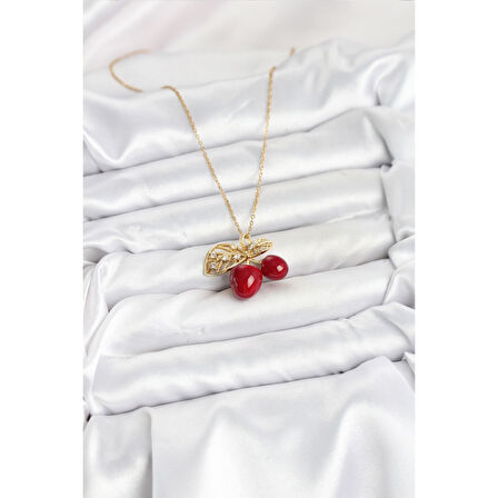 316L Çelik Zincir Yapraklı Kiraz Model Gold Renk Kadın Kolye
