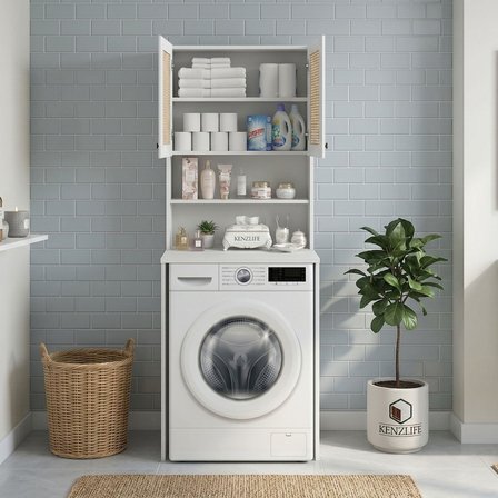 Kenzlife çamaşır makinesi dolabı hayzum mat beyaz 180*066*55 hazeran kare kapak MDF gövde