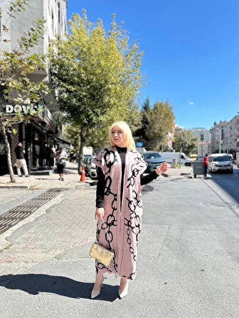 Siyah çizgi desenli elbiseli hırka takım pudra siyah