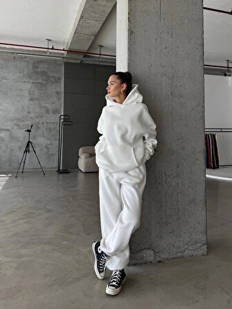 3 iplik şardonlu Lastik paça eşofman beyaz p510439